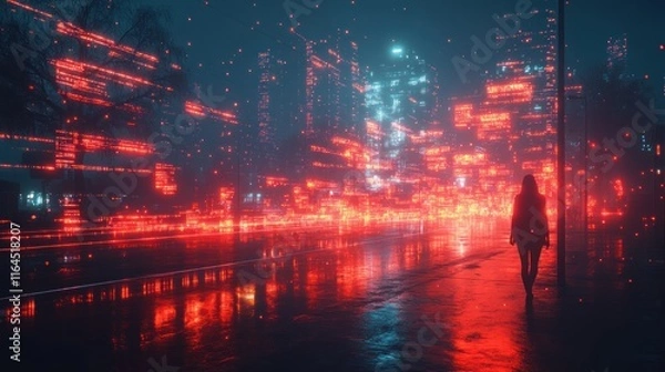 Fototapeta A figure walks through a neon-lit cityscape, immersed in a digital environment.