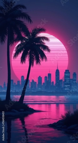 Fototapeta View of a city skyline with palm trees and a pink sunset