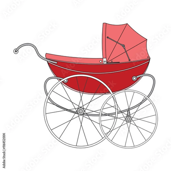 Obraz Vintage red old authentic vintage stroller with big wheels for little newborn baby girl.
