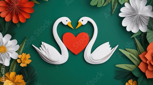 Fototapeta Two swans forming heart surrounded by colorful flowers