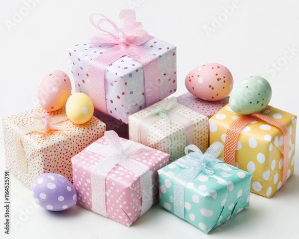 Obraz Easter gifts wrapped in colorful paper on a clear background, symbolizing joy and celebration.