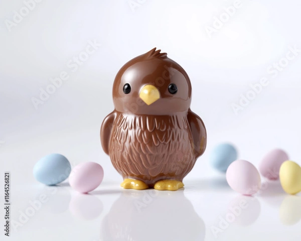 Obraz Showcasing a chocolate chick on a white background, emphasizing Easter festivities with candy.