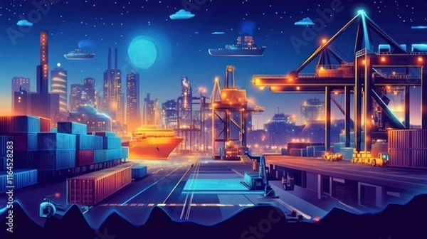 Fototapeta Night view of a busy container port with ships, cranes, and city skyline.