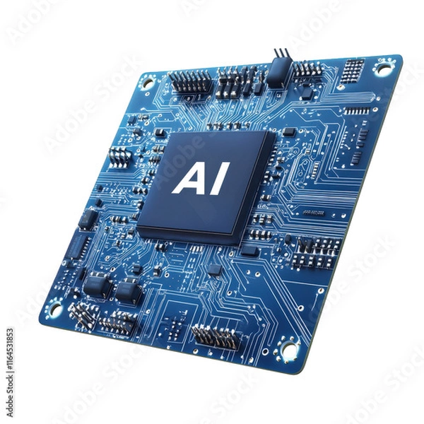 Obraz blue circuit board with an ai chip prominently displayed in the center the intricate design includes various electronic components. suggesting its purpose is related to artificial intelligence technol