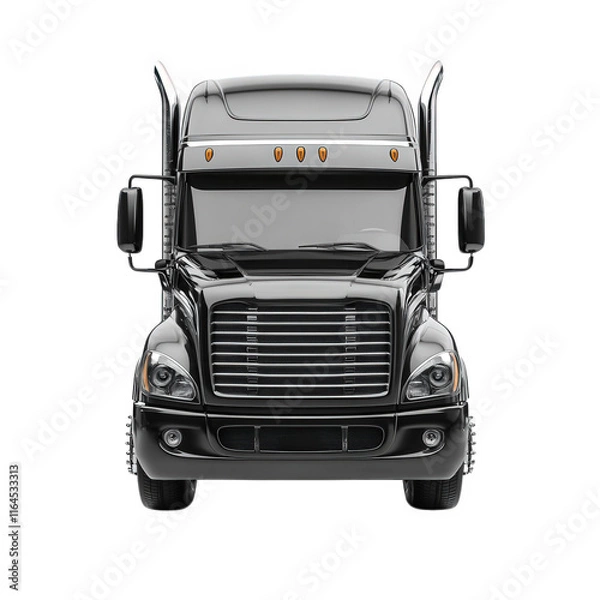 Fototapeta a black semi-truck with a sleek design. showcasing its front view the truck features prominent headlights. a distinctive grille. and a streamlined shape. emphasizing its purpose for transportation and