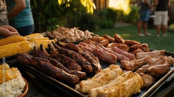 Fototapeta Family Cookout Feast with Soft Lighting in Backyard