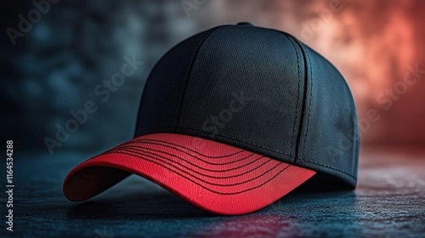 Fototapeta Black and red baseball cap, snapback on a black background. Mock up design.
