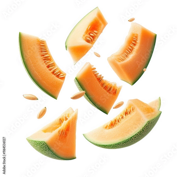 Fototapeta several slices of a cantaloupe melon. artistically arranged in mid-air against a clean white background the vibrant orange flesh and green rind are clearly visible. along with a few melon seeds scatte