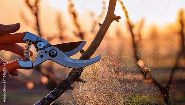 Obraz A gardener expertly uses pruning shears to cut a thin branch from a fruit tree, surrounded by wood shavings, signaling the arrival of spring care and maintenance in February or March