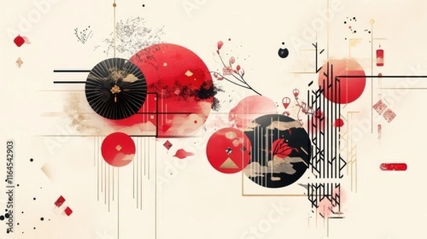Fototapeta Simple abstract Chinese New Year design with geometric red and gold elements, subtly incorporating traditional symbols.
