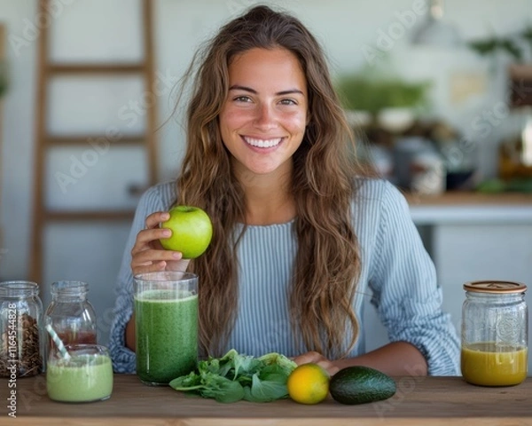 Obraz A woman is smiling and holding an apple in front of a table with various fruits