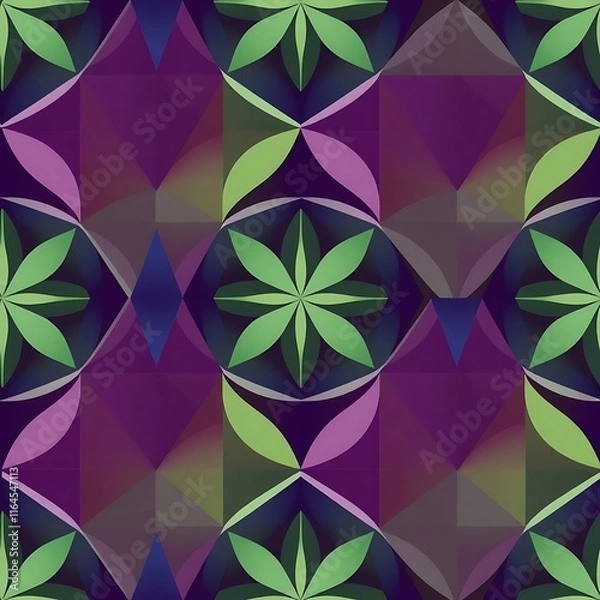 Fototapeta Geometric Floral Pattern:  A vibrant and mesmerizing seamless pattern featuring a captivating blend of geometric shapes and floral motifs in shades of green, purple, and blue.  