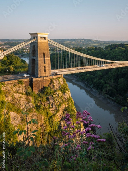 Fototapeta Bristol suspension bridge tower at sunset in spring