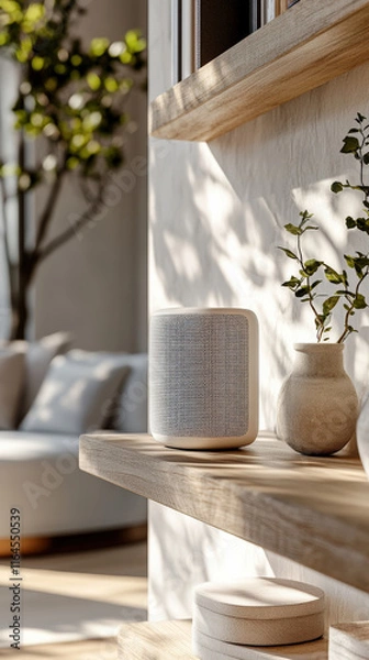 Fototapeta A smart home speaker positioned on a modern shelf with neutral decor, bright natural light, sleek and minimalist design, photorealistic