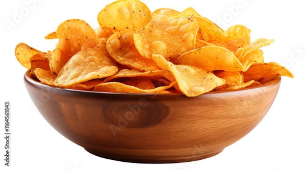 Fototapeta Delicious corn tortilla chips in a rustic wooden bowl for casual gatherings, studio view, isolated on transparent background.