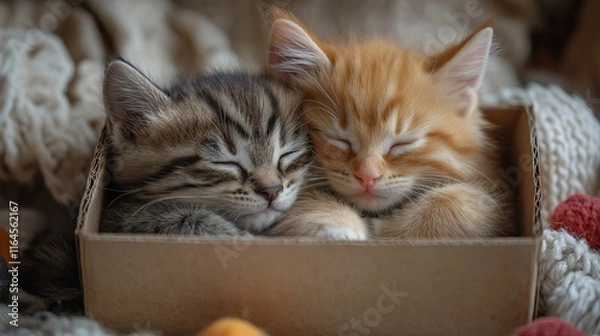 Fototapeta Two kittens curled up together in a small cardboard box.