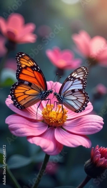 Fototapeta A pair of butterflies resting on delicate flower petals, their wings folded softly, serenity, garden