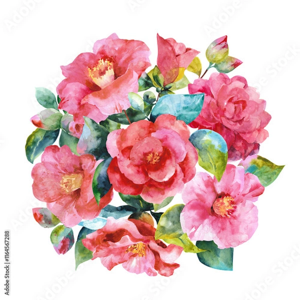 Obraz Bouquet of pink camellia with emerald leaves hand drawn watercolor illustration isolated on white