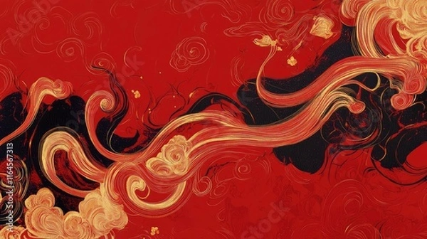 Fototapeta Vibrant red background with swirling gold trails and subtle patterns of traditional Lunar New Year motifs.