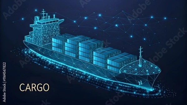 Fototapeta Abstract low poly 3d cargo ship isolated in dark blue background. Container ships, transportation, logistics or international shipping concept. Digital vector mesh illustration 