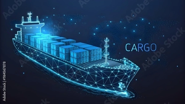 Fototapeta Abstract low poly 3d cargo ship isolated in dark blue background. Container ships, transportation, logistics or international shipping concept. Digital vector mesh illustration 