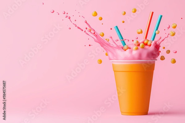 Fototapeta Vibrant orange cup splashes pink liquid with colorful balls and straws, creating playful scene