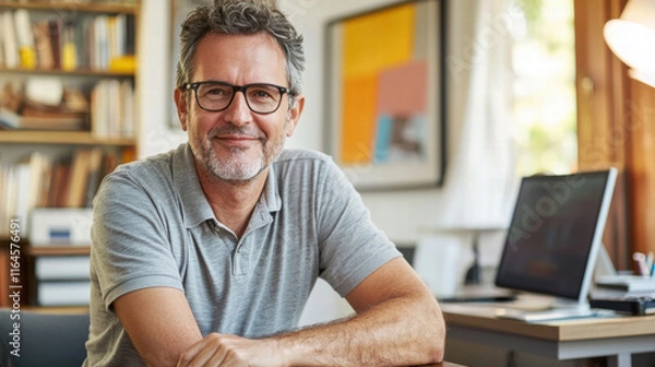 Fototapeta A relaxed middle-aged man with glasses, dressed in a solid-colored polo shirt, leaning casually on his desk in a modern home office, warmly engaging with the viewer