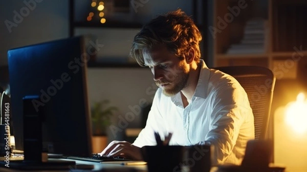 Fototapeta Focused professional working late at a computer in a dimly lit office
