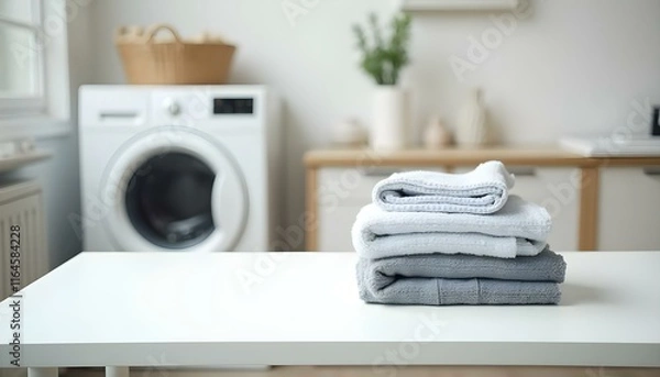 Obraz Mesa con pilas de ropa doblada y lavadora en fondo, creando un ambiente de lavandería en el hogar