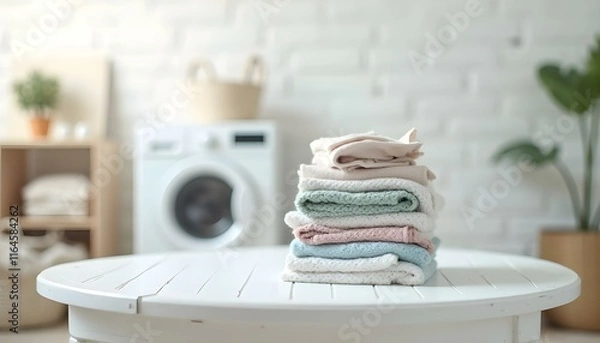Obraz Mesa con pilas de ropa doblada y lavadora en fondo, creando un ambiente de lavandería en el hogar
