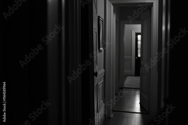 Fototapeta Dimly lit corridor with an open door waiting