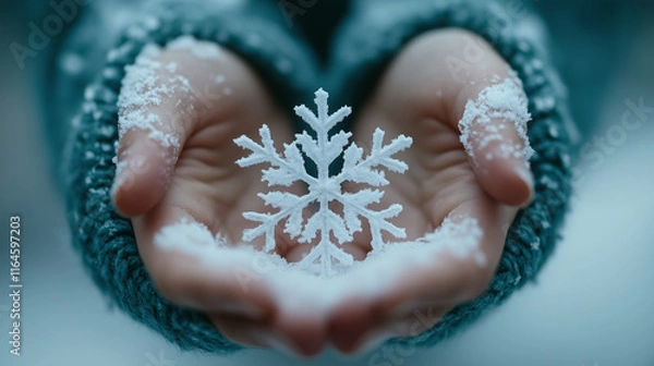 Fototapeta Hands Holding Snowflake in Winter Atmosphere