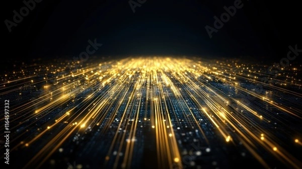 Obraz Abstract digital golden light rays emanating from a dark background with sparkling particles