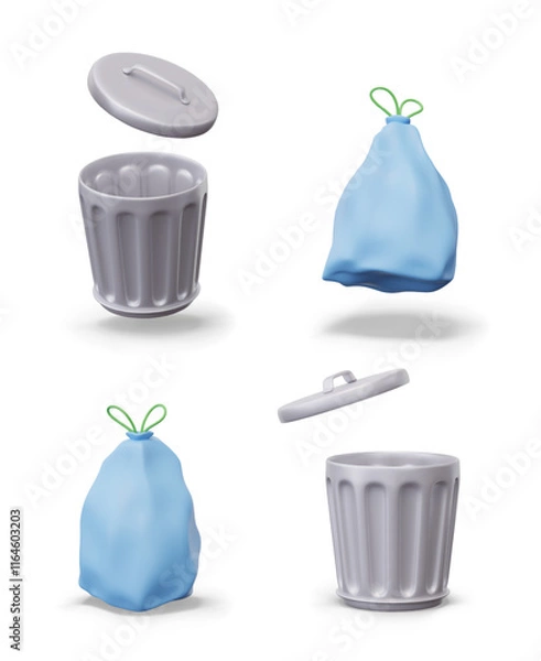 Fototapeta Round metal trash can with lid, trash bag with ties. Open aluminum container for household waste. Set of vector isolated templates in different positions