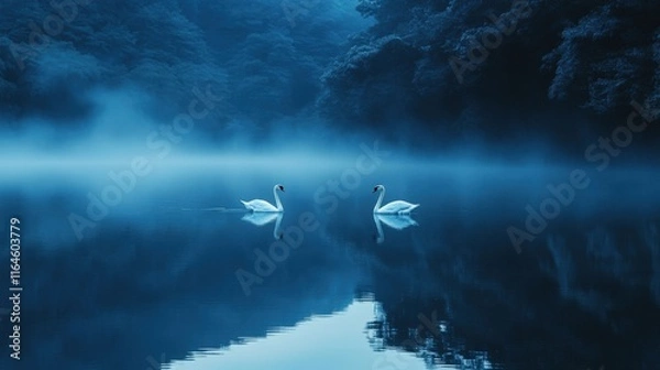 Fototapeta Two Swans Gracefully Glide On Misty Lake Water