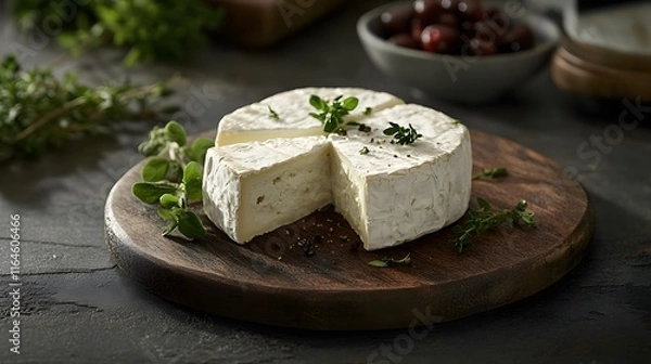 Fototapeta Creamy Camembert Cheese Sliced on Wooden Board