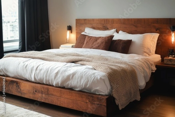 Fototapeta A stylish bedroom featuring a wooden bed frame, plush pillows, and cozy blankets, illuminated by natural light from a large window.