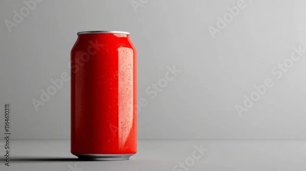 Fototapeta A red can of soda is sitting on a table. The can is wet and has condensation on it
