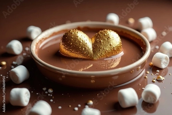 Fototapeta Gold heart melts into a sea of velvety hot chocolate, with marshmallows floating gently on the surface , warm, hot chocolate, melting
