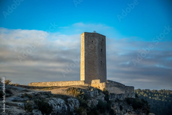 Fototapeta View of the medieval Torre de Armas in the town of Alarcon, Cuenca, Castilla-La Mancha, Spain