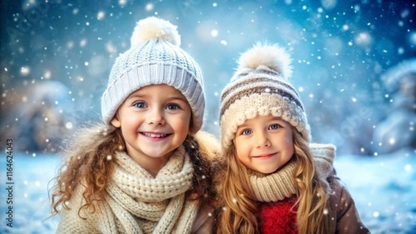 Fototapeta Smiling Girls Against a Snowy Winter Landscape, with Snowflakes Falling Around Them, Creating an Atmosphere of Winter Relaxation and Festive Joy