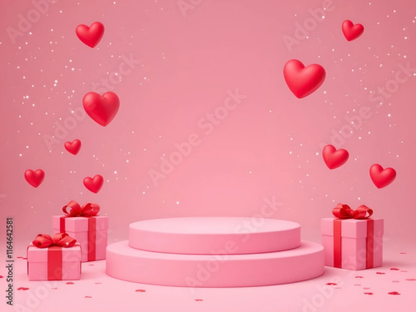 Obraz Happy Valentine Day background with cylindrical podium for promotion. Round stage for presentation sale product. Stage pedestal or platform in snow between pink hearts, pink gift boxes 