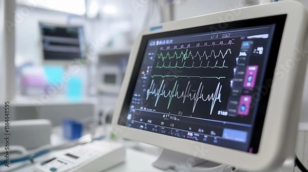 Obraz Electrocardiograph monitoring heart activity in a medical facility. Generative AI