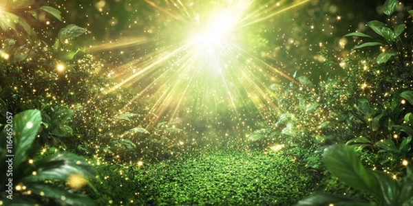 Fototapeta Magical forest with glowing light and lush greenery