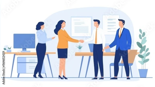 Obraz Happy business people, handshake or meeting with team for partnership, greeting or introduction at office. Young, employee or colleagues shaking hands for agreement deal or collaboration at workplace