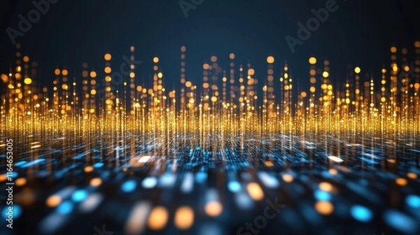 Fototapeta Abstract digital visualization with glowing gold and blue dots forming vertical light structures on a dark background.