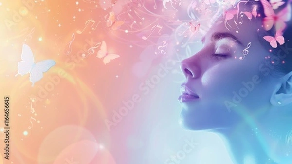 Fototapeta A calming illustration of flowing musical notes transforming into glowing butterflies