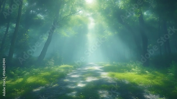 Fototapeta Misty Forest Path Sunlight Through Trees