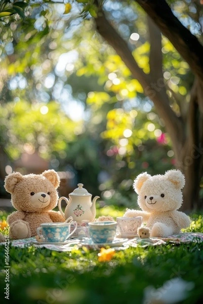 Fototapeta Cute teddy bears enjoy a charming tea party in a sunny garden setting during springtime
