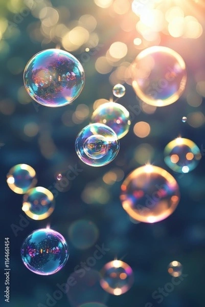 Fototapeta Bubbles floating in sunlight create a magical atmosphere in a serene outdoor setting